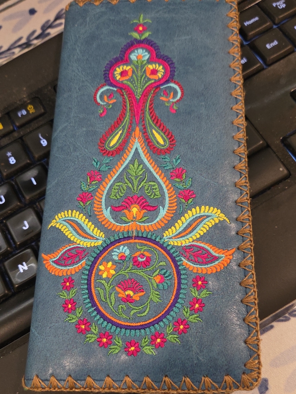 Blue Embroidered Women’s Vegan Wallet - Teal Floral Detail